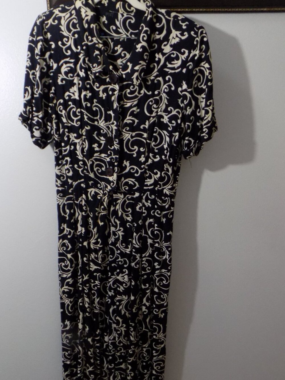 Vintage Chic Black & Beige Damask Scroll Print Short Sleeve Pantsuit